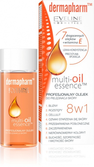Dermapharm Multi-oil essence 8 w 1 Profesjonalny olejek do pielęgnacji skóry LIFESTYLE, Uroda - Multi-Oil Essence™ to profesjonalny olejek do pielęgnacji każdego rodzaju skóry opracowany w laboratorium Eveline Cosmetics Dermapharm™. Olejek łączy skuteczność naturalnych składników aktywnych z najnowszymi osiągnięciami kosmetologii i medycyny estetycznej.
